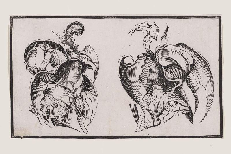 A Woman and a Man in Fantastic Headdresses, Hers with a Feather and His with the Head of a Turkey
