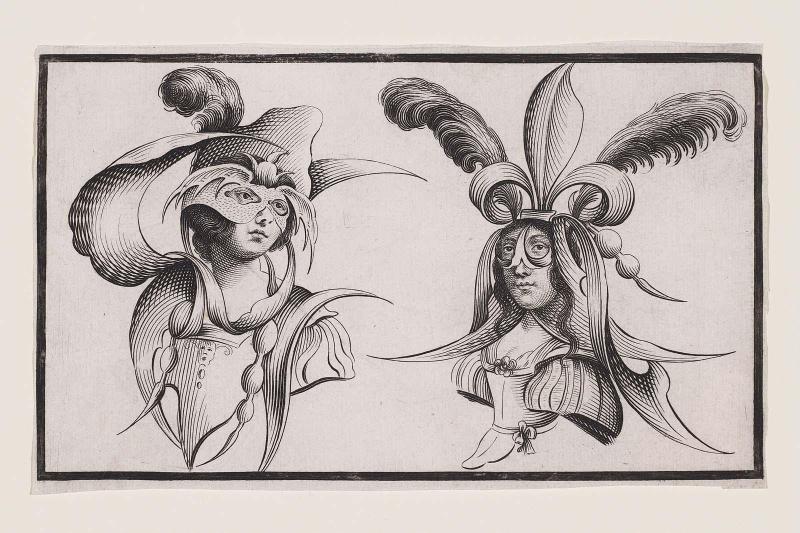 Two Masked Women Wearing Fantastic Headdresses, the First with a Plume and the Second with a Fleur-de-Lis and Two Plumes