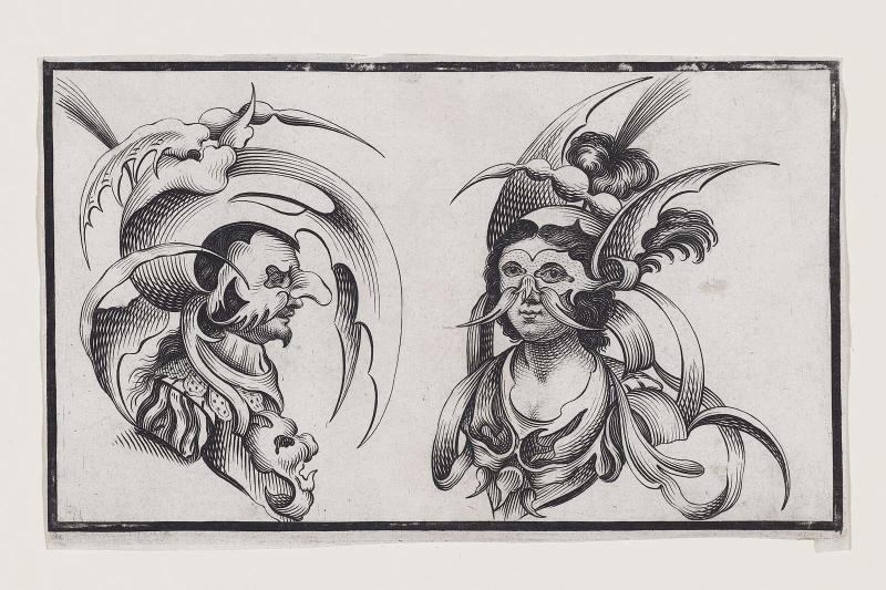 A Masked Man and a Masked Woman Wearing Fantastic Headdresses with Plumes and Curved Blades