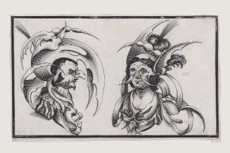 A Masked Man and a Masked Woman Wearing Fantastic Headdresses with Plumes and Curved Blades
