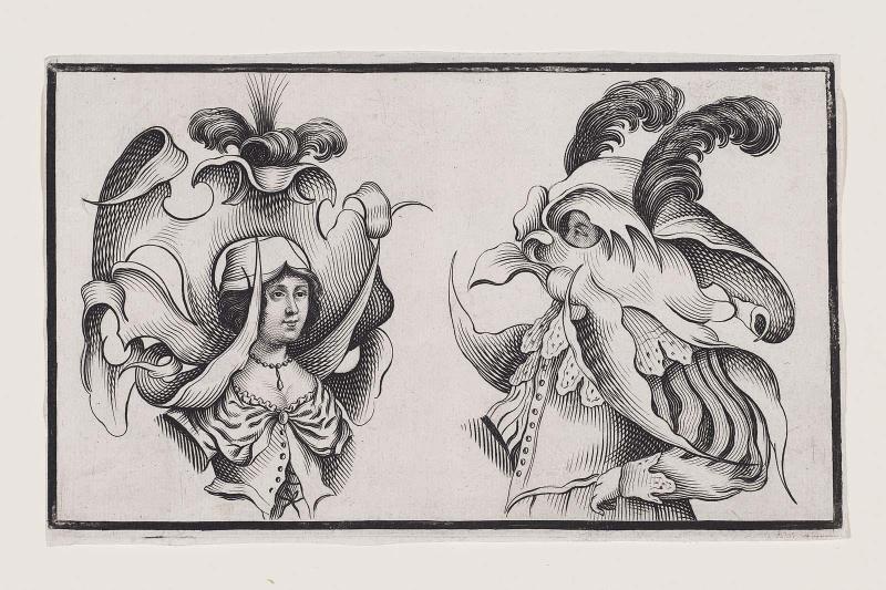 A Woman and a Masked Man Wearing Fantastic Headdresses, His with Two Large Plumes