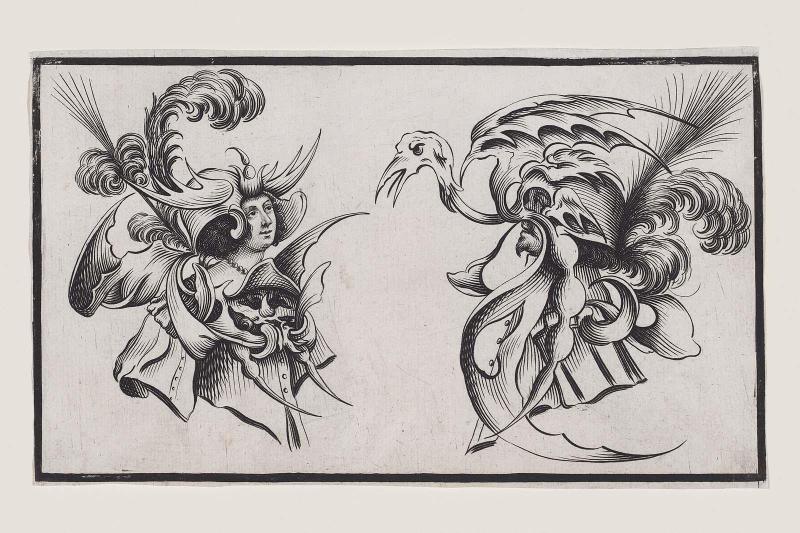 A Woman and a Masked Man Wearing Fantastic Headdresses, Hers with Plumes and His with the Head of a Bird