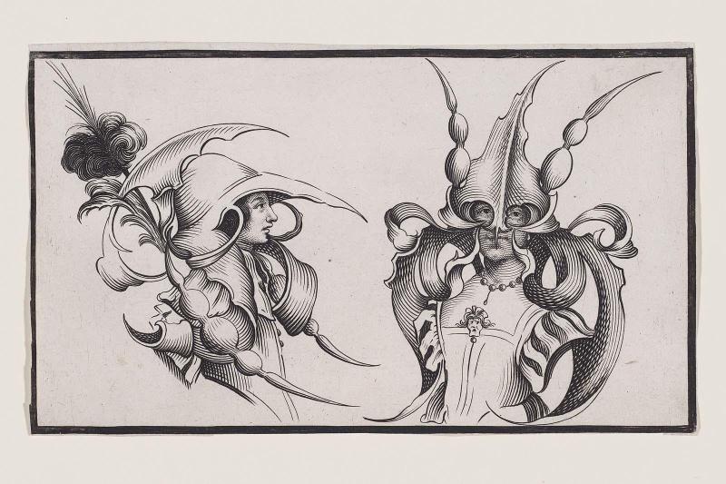 A Woman and a Masked Man Wearing Fantastic Headdresses, the Man Facing Forward
