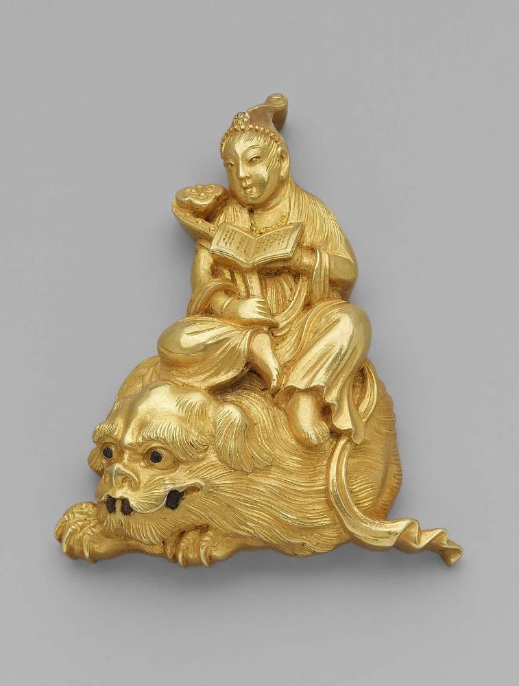 Kanamono or menuki in the form of Monju Bosatsu seated on a lion