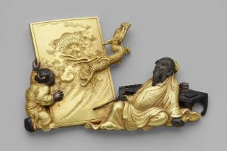 Kanamono in the form of the Chinese painters Cho Soyo (Zhang Sengyu) or Go Doshi (Wu Daozi) confronted by a dragon which has come to life from one of his pictures, watched by a boy attendant