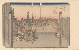 Reproduction of: Nihonbashi: Morning Scene (Nihonbashi, asa no kei), from the series Fifty-three Stations of the Tôkaidô Road (Tôkaidô gojûsan tsugi no uchi), also known as the First Tôkaidô or Great Tôkaidô