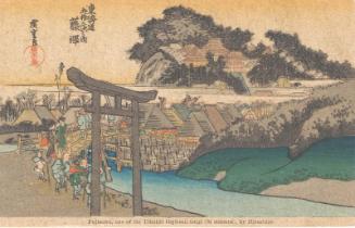 Reproduction of: Fujisawa: The Yûgyô-ji Temple (Fujisawa, Yugyô-ji), from the series Fifty-three Stations of the Tôkaidô Road (Tôkaidô gojûsan tsugi no uchi), also known as the First Tôkaidô or Great Tôkaidô