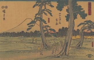 Reproduction of: No. 15 - Yoshiwara: Former Market Site, Fuji Seen from the Left (Moto ichiba, hidari Fuji), from the series The Tôkaidô Road - The Fifty-three Stations (Tôkaidô - Gojûsan tsugi no uchi)