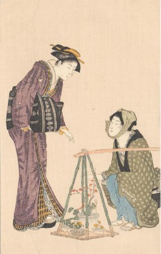 Reproduction of: Women Buying Potted Plants from a Street Vendor, from the series Current Manners in Eastern Brocade (Fûzoku Azuma no nishiki)