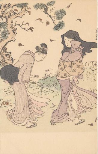 Reproduction of: Autumn Leaves in Wind, from the series Twelve Scenes of Popular Customs (Fûzoku jûni tsui)