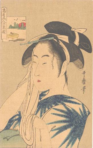 Reproduction of: The Widow of Asahiya (Asahiya goke, in rebus form), from the series Renowned Beauties Likened to the Six Immortal Poets (Kômei bijin rokkasen)