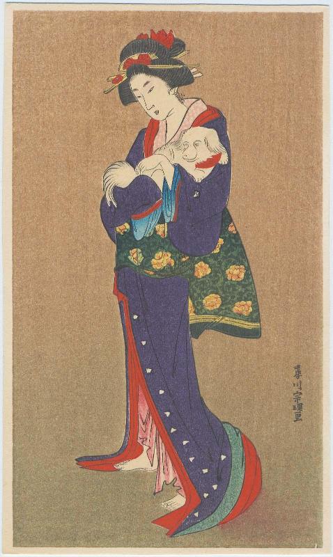 Standing Woman Holding Dog, based on a painting (?) by Hishikawa Sôri