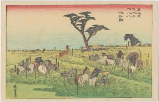 Reproduction of: Chiryû: Early Summer Horse Fair (Chiryû, shuka uma ichi), from the series Fifty-three Stations of the Tôkaidô (Tôkaidô gojûsan tsugi no uchi), also known as the First Tôkaidô or Great Tôkaidô
