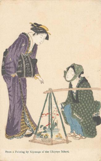 Reproduction of: Women Buying Potted Plants from a Street Vendor, from the series Current Manners in Eastern Brocade (Fûzoku Azuma no nishiki)