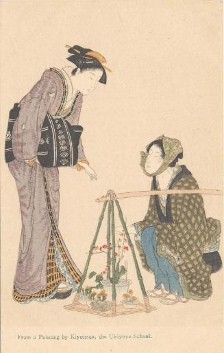 Reproduction of: Women Buying Potted Plants from a Street Vendor, from the series Current Manners in Eastern Brocade (Fûzoku Azuma no nishiki)