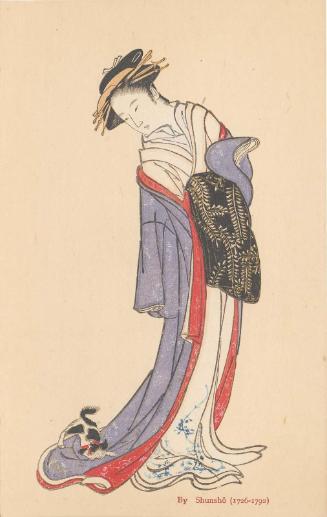 Courtesan with Kitten on Leash, reproduction of a painting (?) by Shunshô
