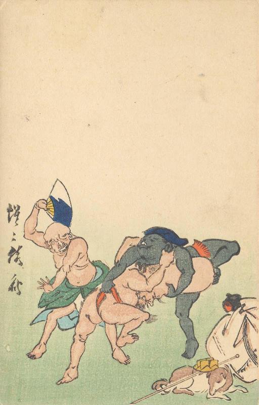 Figures from Ôtsu-e Folk Paintings Playing Games, based on a print from the series One Hundred Pictures by Kyôsai (Kyôsai hyakuzu)