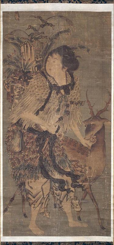 Sennin with a Deer, a Basket on Her Back