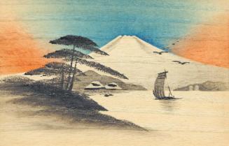 Mount Fuji with lake and boat with sail unfurled, from the series "Oil Hand Painting Picture Postcards (wood shaveing) 10 assorted" (Tôyu ga ehagaki, jûmai ikkumi)