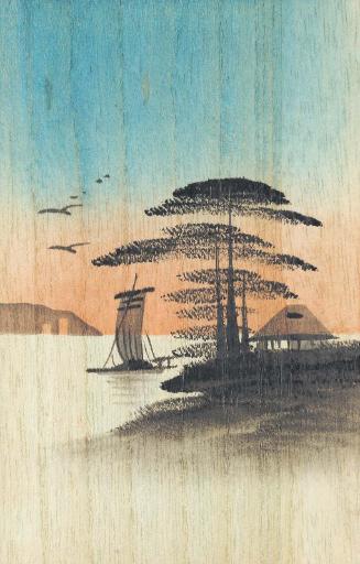Boat on lake with hut (vertical), from the series "Oil Hand Painting Picture Postcards (wood shaveing) 10 assorted" (Tôyu ga ehagaki, jûmai ikkumi)
