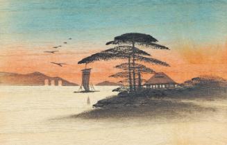 Boat on lake with hut (horizontal), from the series "Oil Hand Painting Picture Postcards (wood shaveing) 10 assorted" (Tôyu ga ehagaki, jûmai ikkumi)