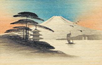 Mount Fuji with pagoda, lake and boat with sail unfurled, from the series "Oil Hand Painting Picture Postcards (wood shaveing) 10 assorted" (Tôyu ga ehagaki, jûmai ikkumi)