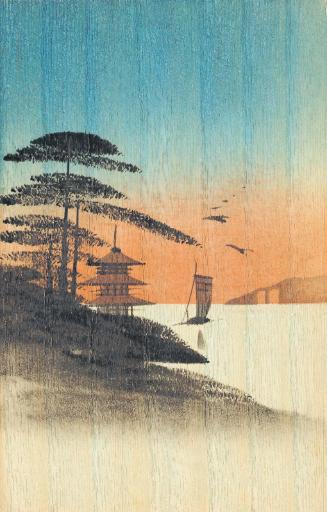 Pagoda, lake, and boat with sail unfurled, from the series "Oil Hand Painting Picture Postcards (wood shaveing) 10 assorted" (Tôyu ga ehagaki, jûmai ikkumi)