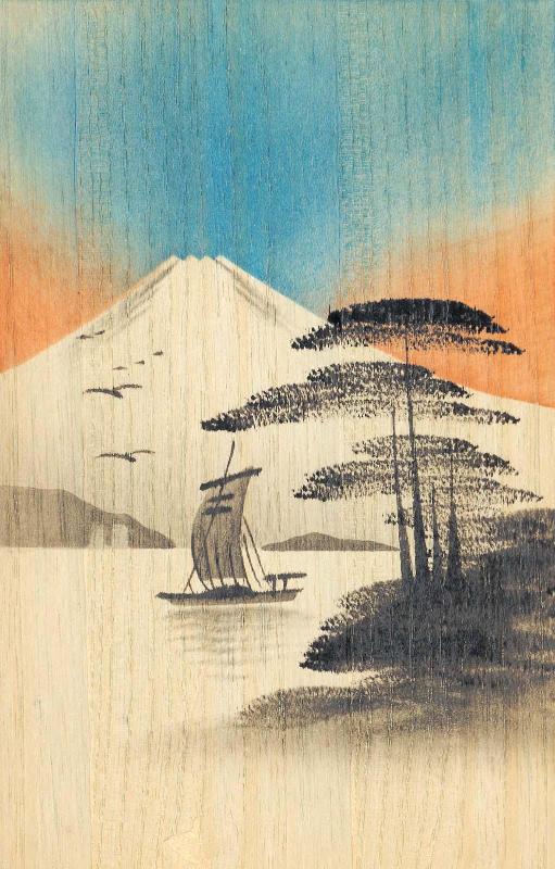 Mount Fuji with lake and boat with sail unfurled (vertical), from the series "Oil Hand Painting Picture Postcards (wood shaveing) 10 assorted" (Tôyu ga ehagaki, jûmai ikkumi)
