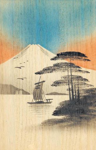 Mount Fuji with lake and boat with sail unfurled (vertical), from the series "Oil Hand Painting Picture Postcards (wood shaveing) 10 assorted" (Tôyu ga ehagaki, jûmai ikkumi)