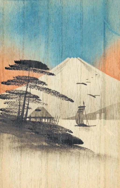Mount Fuji with hut, lake and boat with sail unfurled (horizontal), from the series "Oil Hand Painting Picture Postcards (wood shaveing) 10 assorted" (Tôyu ga ehagaki, jûmai ikkumi)