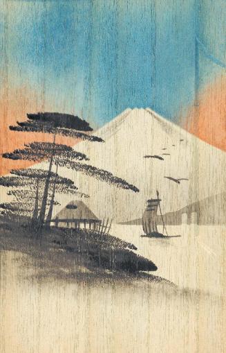 Mount Fuji with hut, lake and boat with sail unfurled (horizontal), from the series "Oil Hand Painting Picture Postcards (wood shaveing) 10 assorted" (Tôyu ga ehagaki, jûmai ikkumi)