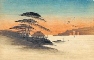 Mount Fuji with hut, lake and boat with sail down, from the series "Oil Hand Painting Picture Postcards (wood shaveing) 10 assorted" (Tôyu ga ehagaki, jûmai ikkumi)