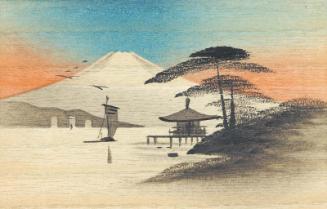 Mount Fuji with temple, lake and boat with sail unfurled, from the series "Oil Hand Painting Picture Postcards (wood shaveing) 10 assorted" (Tôyu ga ehagaki, jûmai ikkumi)