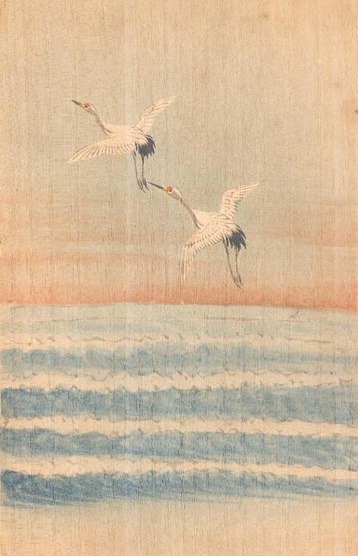 Cranes Flying over Waves