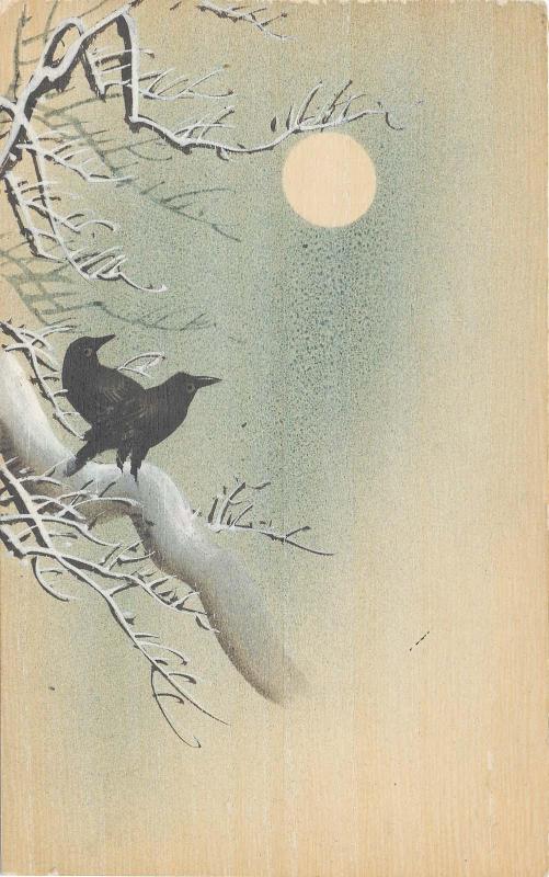 Two Crows on Snowy Branch under Full Moon