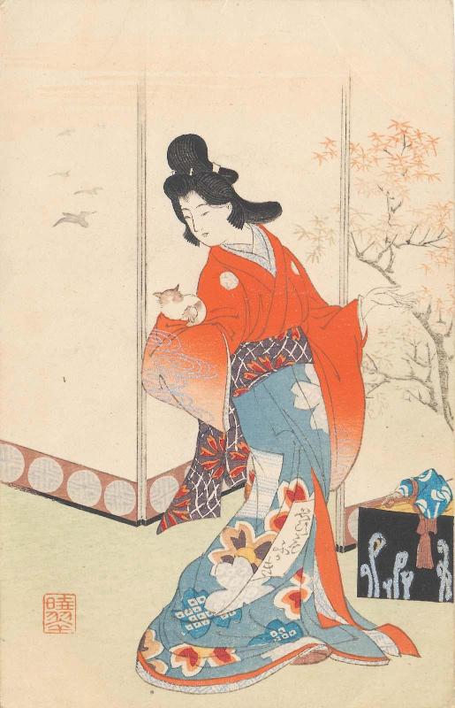 Standing Beauty in Genroku Style with Cat