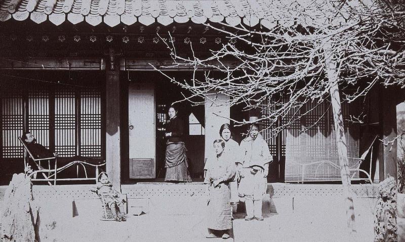 Foreign teacher with his Japanese wife and Eurasian children with servants in their home, formally a temple (NRICP Relic No.: 2868)