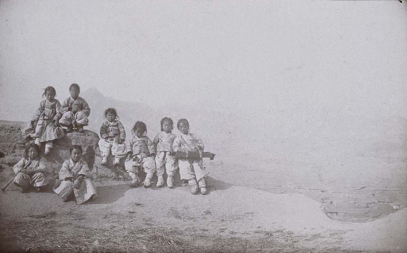 Group of Korean boys on the edge of a steep hill in the center of Seoul (NRICP Relic No.: 2888)