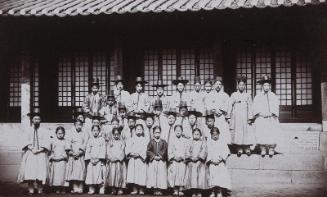 The foreign school, English, arithmetic, etc. Begun in August 83'. Members with hats are married, those without are unmarried: Taken in Front of School house (NRICP Relic No.: 2867)