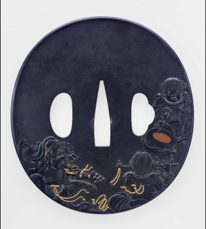 Tsuba with design of children's lion dance and plum blossom