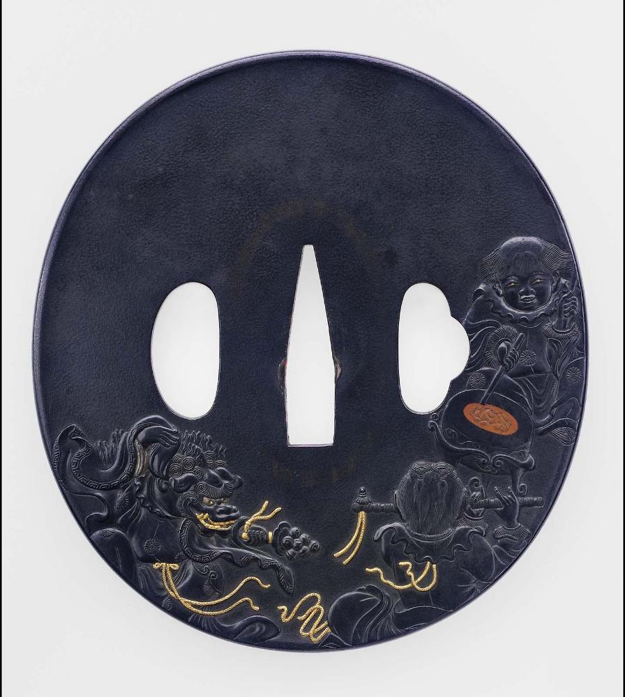 Tsuba with design of children's lion dance and plum blossom