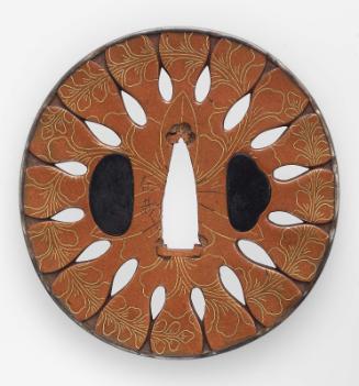 Tsuba formed as sixteen radiating leaves with inlaid design of wisteria blossom