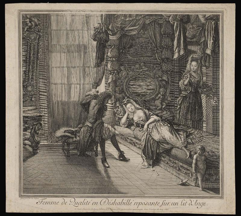 Femme de Qualité en Déshabillé reposante sur un Lit d'Ange