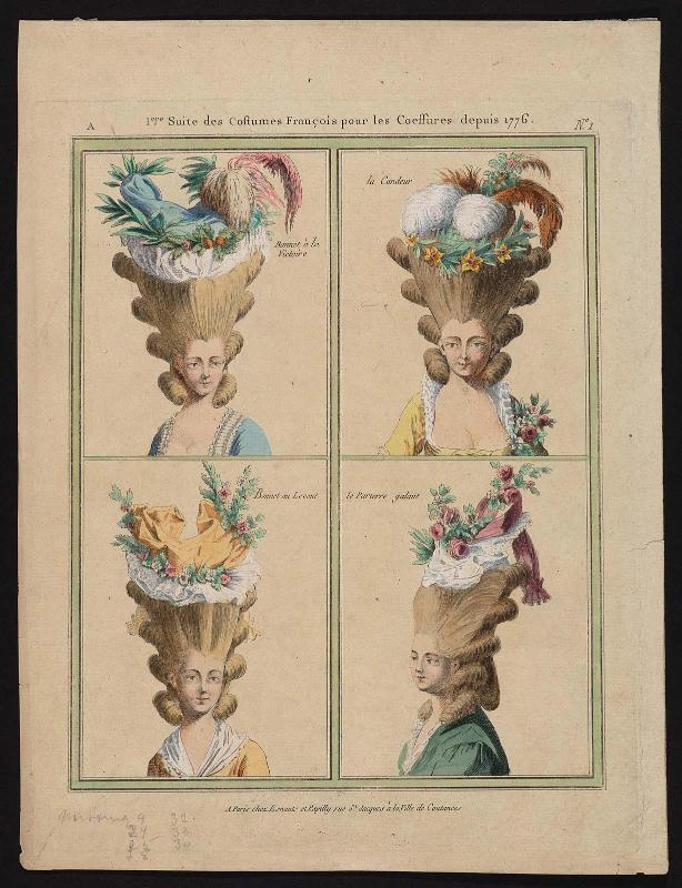Gallerie des Modes et Costumes Français. 1ere Suite des Costumes François pour les Coiffures depuis 1776.  A.1 "Bonnet à la Victoire..."