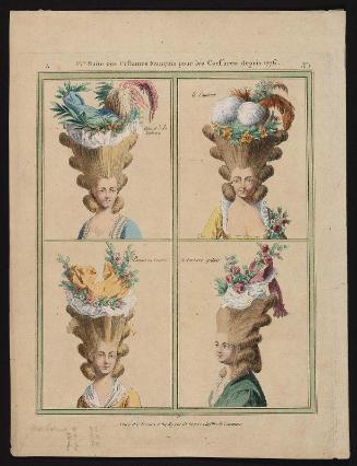 Gallerie des Modes et Costumes Français. 1ere Suite des Costumes François pour les Coiffures depuis 1776.  A.1 "Bonnet à la Victoire..."