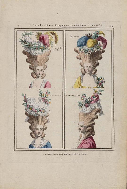 Gallerie des Modes et Costumes Français. 1ere Suite des Costumes François pour les Coiffures depuis 1776. A.1 (duplicate)  "Bonnet à la Victoire ..."
