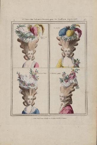 Gallerie des Modes et Costumes Français. 1ere Suite des Costumes François pour les Coiffures depuis 1776. A.1 (duplicate)  "Bonnet à la Victoire ..."