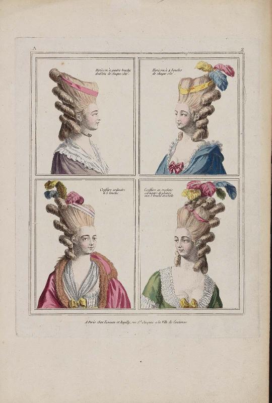 Gallerie des Modes et Costumes Français. 1ere Suite des Costumes François pour les Coiffures depuis 1776.  A.2 "Herisson à quatre boucles doubleés de chaque còté..."