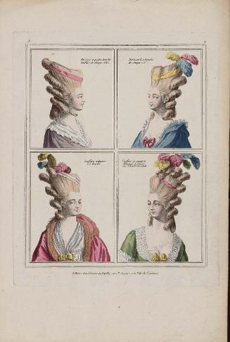 Gallerie des Modes et Costumes Français. 1ere Suite des Costumes François pour les Coiffures depuis 1776.  A.2 "Herisson à quatre boucles doubleés de chaque còté..."