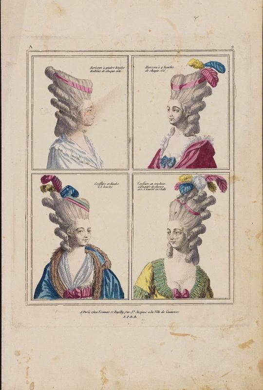 Gallerie des Modes et Costumes Français. 1ere Suite des Costumes François pour les Coiffures depuis 1776.  A.2 (duplicate) "Herisson à quatre boucles doubleés de chaque còté..."